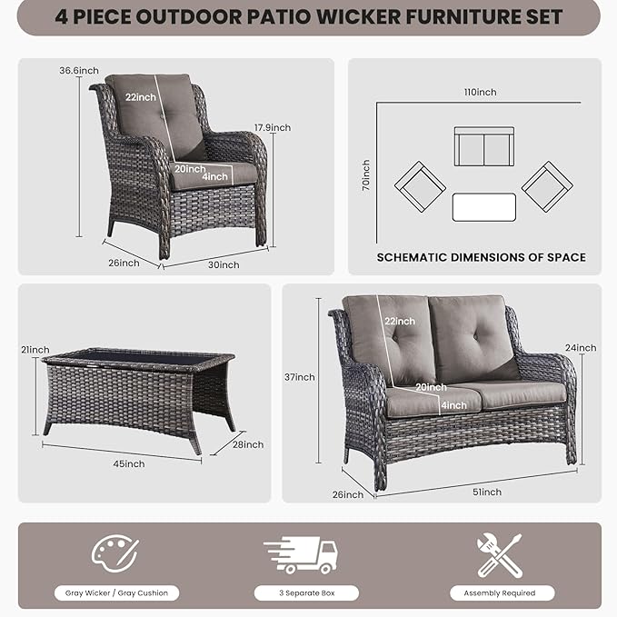 Belord Wicker Furniture 4 Pieces Outdoor Patio Furniture Set Patio Loveseat Sofa Set with Wicker Chairs and Coffee Table - Photo 2
