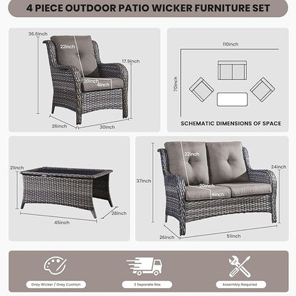 Belord Wicker Furniture 4 Pieces Outdoor Patio Furniture Set Patio Loveseat Sofa Set with Wicker Chairs and Coffee Table, Paito Conversation Set for Porch Garden Deck Balcony Poolside