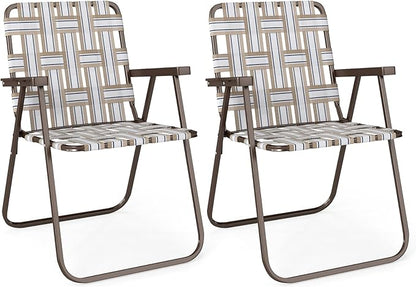 GYMAX Lawn Chair Folding, Webbed Beach Lounge Chairs Set with Highback, Outdoor Portable Lightweight Camping Dinning Chair for Patio, Lawn, Poolside, Sports, Garden, Backyard (2,Coffee)