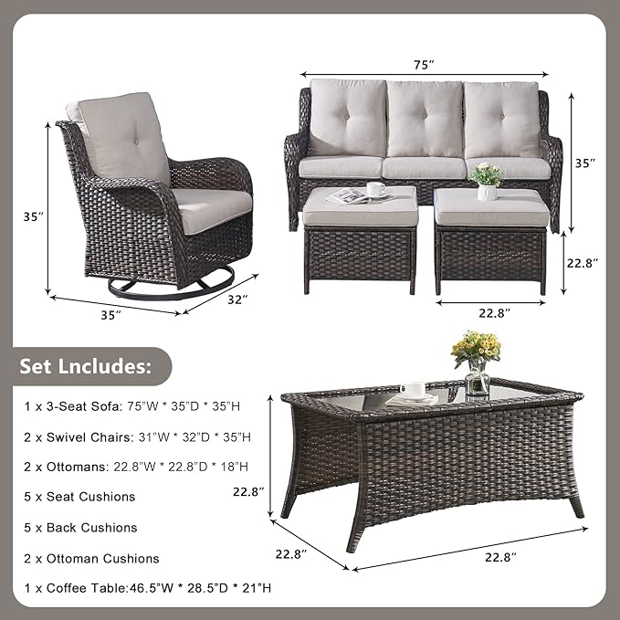 Rilyson Wicker Patio Furniture Set - 6 Piece Rattan Outdoor Sectional Conversation Sets with 2 Swivel Rocking Chairs - Photo 2