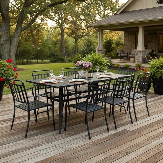 Tangkula 66" x 33" Metal Patio Dining Table for 6, Rectangle Heavy Duty Outdoor Dining Table with Umbrella Hole, 6-Person Outside Dining Furniture for Porch, Garden, Balcony and Backyard