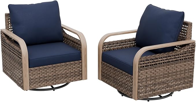 Modern Wicker Outdoor Swivel Rocking Chairs, Rattan Glider Rocker Chairs Patio Armchairs for Backyard, Deck, Porch, Garden, 2 Pieces, Brown/Blue