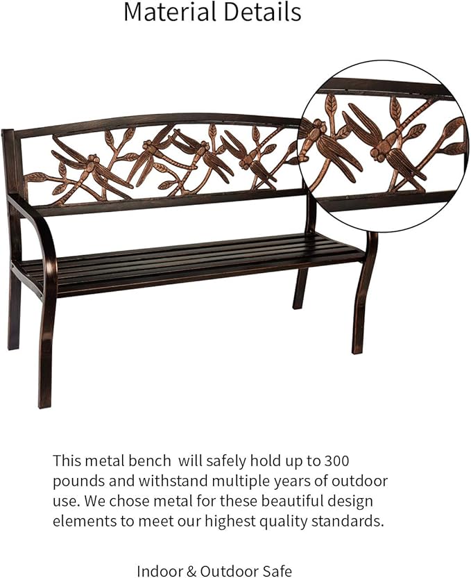 Evergreen Garden Weatherproof Dragonfly Outdoor Bench | Holds Up to 300 lbs. | Furniture for Lawn Garden Patio Porch Park Deck | Steel | Bronze