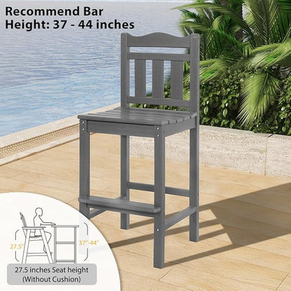 Sundale Outdoor Tall Adirondack Bar Chair Set of 2, HDPE Patio Bar Stools with Backrest, 27.5 Inch Seat Height Tall Bistro Dining Counter Stool, All-Weather Pub Height Chair, Gray