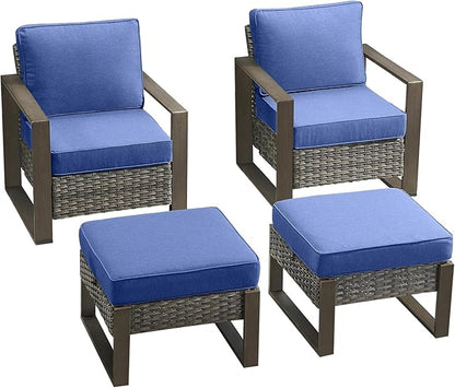 Rilyson Outdoor Wicker Patio Furniture Set - 4 Piece Patio Conversation Set with 2 Wicker Armrest Chairs,2 Rattan Ottoman, Sturdy Frame, Thick Cushions, Deep Seating(Mixed Grey/Blue)