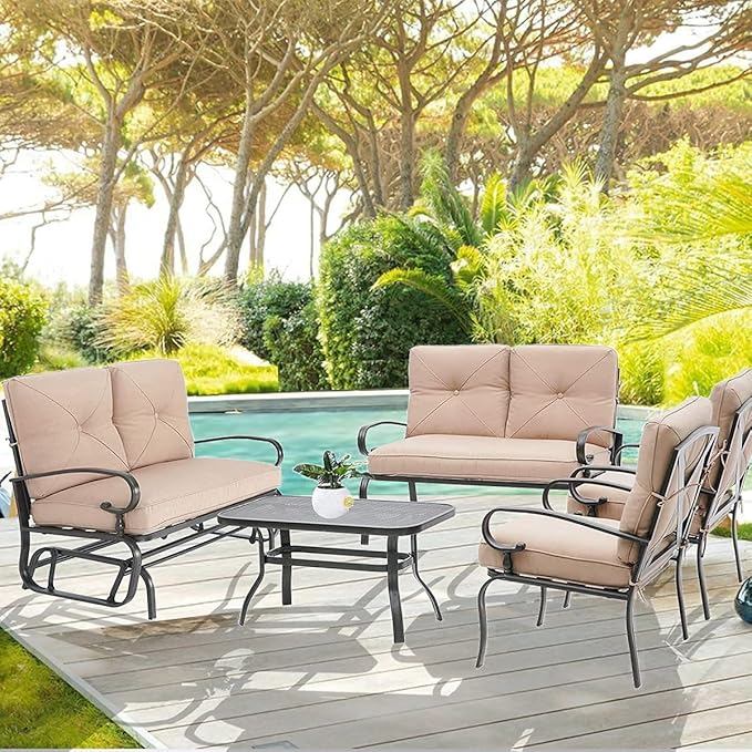 5Pcs Patio Conversation Set Outdoor Wrought Iron Furniture Set with 1 Glider, 1 Loveseat, 2 Single Chairs - Photo 6