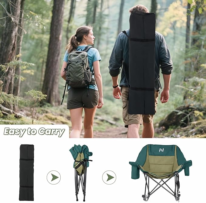 ABORON Oversized Rocking Camping Chair for Adults, Fully Padded Folding Outdoor Lawn Chair with Cooler Bag & Side Pocket, Portable Recliner Chair for Camp, Patio, Backyard, Supports 400 lbs