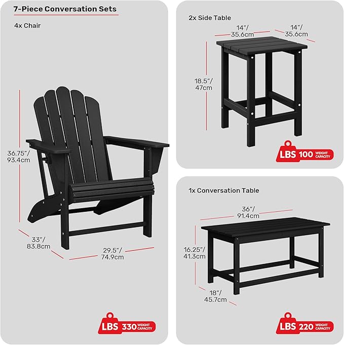 Costaelm Lakeview 7-Piece HDPE Outdoor Patio Furniture Adirondack Conversation Set, Black