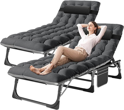 DoCred Folding Lounge Chair with Mattress, 5 Position Adjustable Folding Sleeping Bed Cot Chaise Lounge Chairs Perfect for Sunbathing, Camping, Pool, Beach, Patio