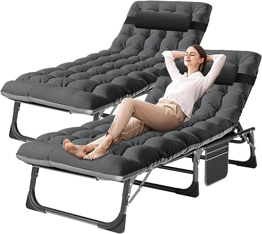 DoCred Folding Lounge Chair with Mattress, 5 Position Adjustable Folding Sleeping Bed Cot Chaise Lounge Chairs Perfect for Sunbathing, Camping, Pool, Beach, Patio