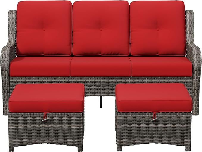 3-Piece Outdoor Couch Set, Include Wicker Patio Sofa with Thickened Olefin Cushions, High Back and Deep Seating, Hand-Woven PE Rattan and 2 Ottomans, Patio Conversation Set for Porch, Deck