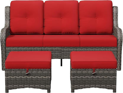 3-Piece Outdoor Couch Set, Include Wicker Patio Sofa with Thickened Olefin Cushions, High Back and Deep Seating, Hand-Woven PE Rattan and 2 Ottomans, Patio Conversation Set for Porch, Deck