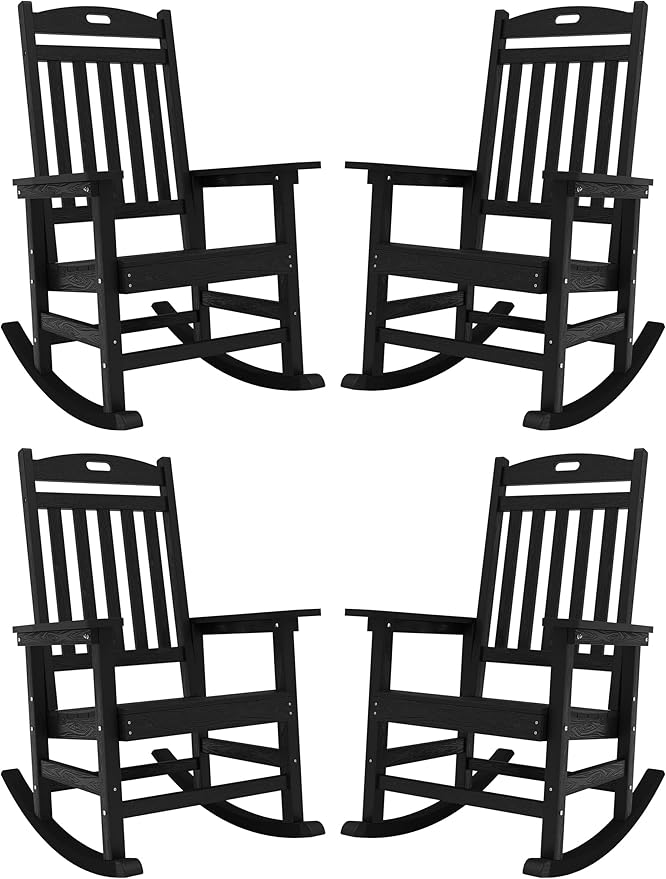 YEFU Outdoor Rocking Chairs Set of 4: Porch Rocking Chairs-Outdoor Patio Rockings Chair-Oversized Rocker Chair-All Weather Poly Rocker Lawn Chair for Adult-Seat Area 22"x21"-Backrest Height 31"-Black