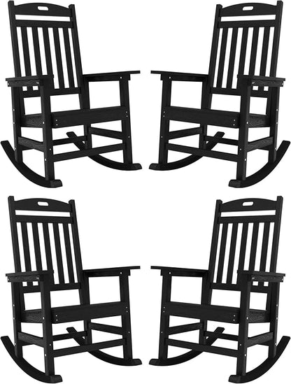 YEFU Outdoor Rocking Chairs Set of 4: Porch Rocking Chairs-Outdoor Patio Rockings Chair-Oversized Rocker Chair-All Weather Poly Rocker Lawn Chair for Adult-Seat Area 22"x21"-Backrest Height 31"-Black
