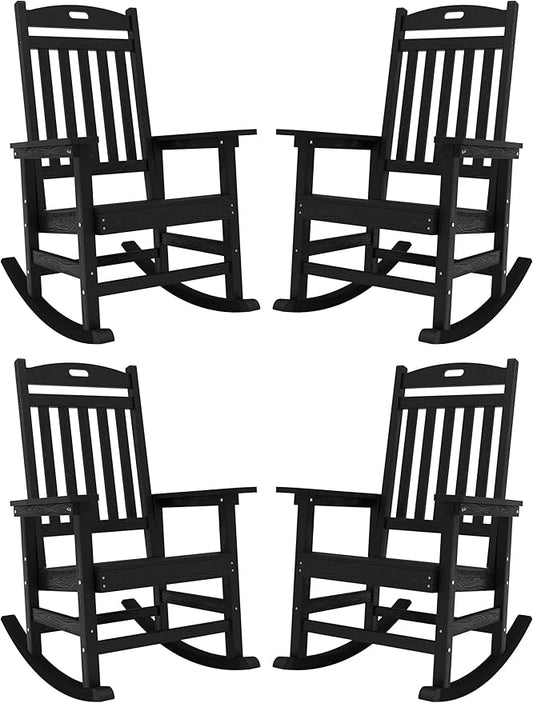 YEFU Outdoor Rocking Chairs Set of 4: Porch Rocking Chairs-Outdoor Patio Rockings Chair-Oversized Rocker Chair-All Weather Poly Rocker Lawn Chair for Adult-Seat Area 22"x21"-Backrest Height 31"-Black