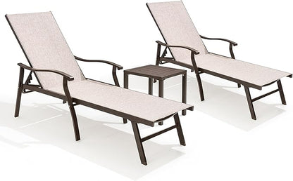 Crestlive Products Aluminum Chaise Lounge Set of 3,Patio Lounge Chairs Five-Position and Full Flat Outdoor Recliner All Weather for Patio, Beach, Yard, Pool (3PCS Beige)