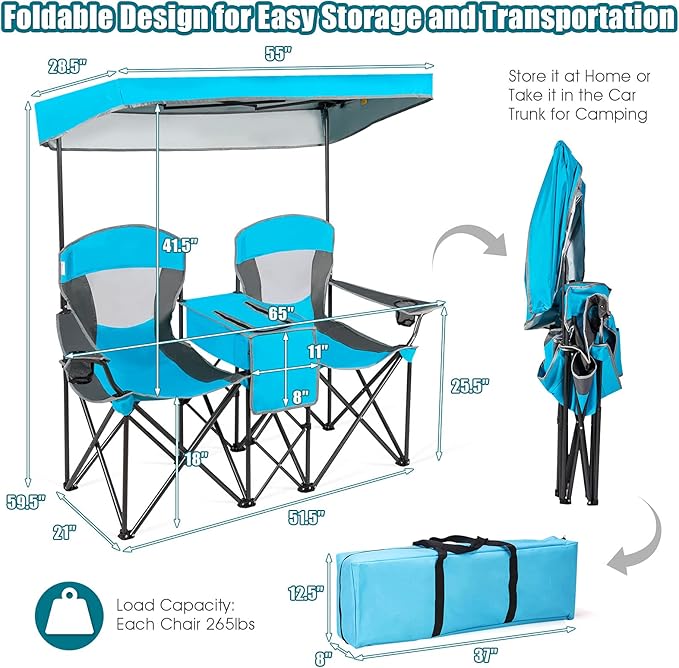 S AFSTAR Double Camping Chair w/Shade Canopy, 2-Person Folding Camp and Beach Chair with Mini Table Beverage Cup Holder Carrying Bag, Collapsible Camping Chairs for Garden Patio Pool Beach