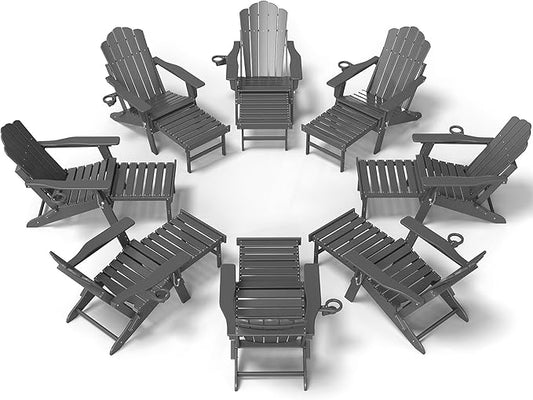 FOOWIN Adjustable Adirondack Chair with Retractable Ottoman Set of 8, Folding Adirondack Chair with Cup Holder, HDPE All-Weather Fire Pit Chair for Patio, Yard, Poolside, Grey