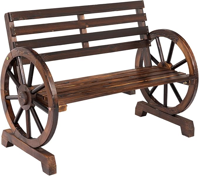 Wagon Wheel Bench, Wooden Outdoor Bench 2-Person Seat, Rustic Patio Benches with Backrest for Porch, Garden Brown 19.7inchD x 41.3inchW x 30.3inchH