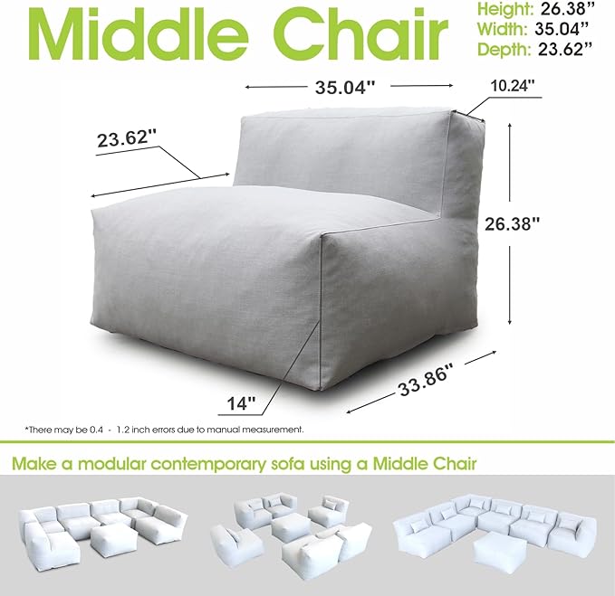 Dineli Modern ANNY-H Middle Chair Armless Chair Outdoor Furniture Comfy Patio Couch Sofa Outdoor Bean Bag Chair Creating a Unique Garden Modular Contemporary Sofa, Lazy Sofa for Outside (Light Gray)