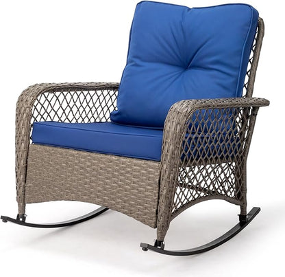 Outvita Outdoor Wicker Rocking Chair, Patio Rattan Rocker Chair w/Cushions & Steel Frame, All-Weather Rocking Lawn Wicker Furniture for Garden Backyard Porch Deck (Navy Blue)