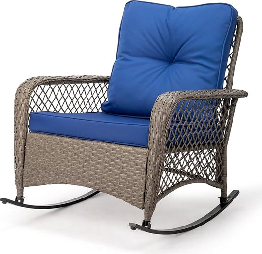 Outvita Outdoor Wicker Rocking Chair, Patio Rattan Rocker Chair w/Cushions & Steel Frame, All-Weather Rocking Lawn Wicker Furniture for Garden Backyard Porch Deck (Navy Blue)