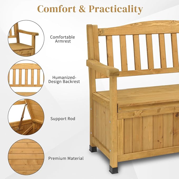 44" Large Wood Deck Box,Outdoor Garden Storage Container,Wooden Outdoor Patio Storage Bench,Patio Furniture Storage Bench,with Backrest & Armrest,for Porch Yard Lawn Poolside Backyard (Yellow)