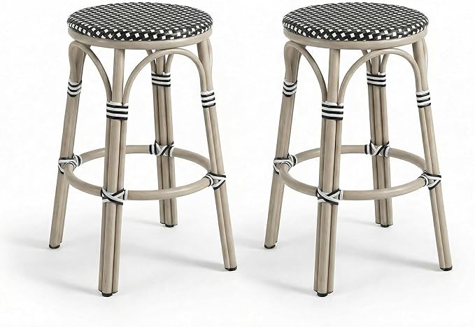 PURPLE LEAF French Outdoor Round Bar Stool Set of 2 Bar Chairs 30" Handwoven Wicker Rattan Backless Stackable White - Photo 1