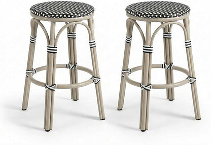PURPLE LEAF French Outdoor Round Bar Stool Set of 2 Bar Chairs 30" Handwoven Wicker Rattan Backless Stackable White Print Aluminum Frame for Patio Garden Cafe Backyard Poolside Black