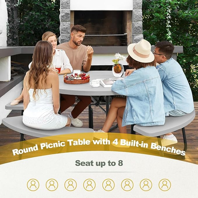 Round Picnic Table for Outdoors, 8 Person Outdoor Picnic Tables & Benches Set with Umbrella Hole - Photo 4