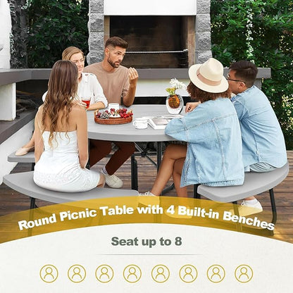 Round Picnic Table for Outdoors, 8 Person Outdoor Picnic Tables & Benches Set with Umbrella Hole, HDPE Tabletop & Metal Frame, 2000 LBS Capacity Table Bench Set for BBQ, Garden, Lawn, Patio