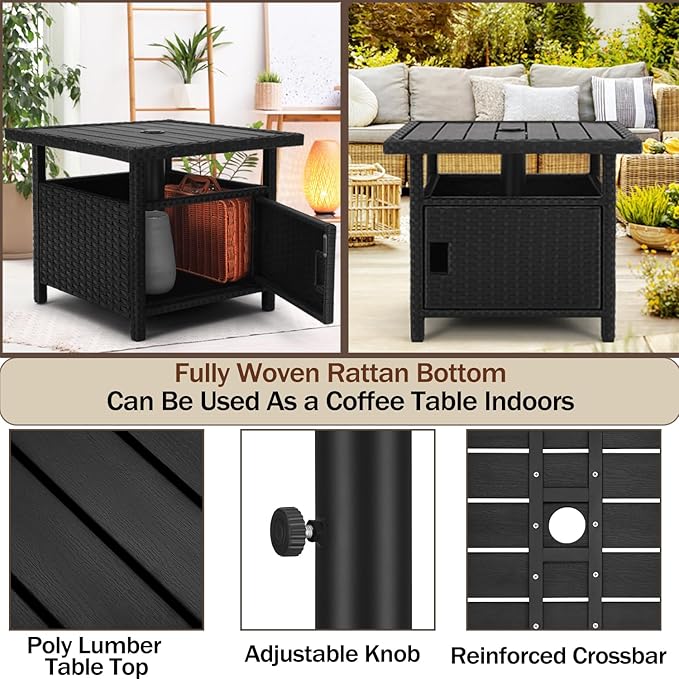 Outdoor Patio Umbrella Side Table with Umbrella Hole Small Wicker Coffee Table with Storage & 2 Weight Bags for Outside - Photo 7