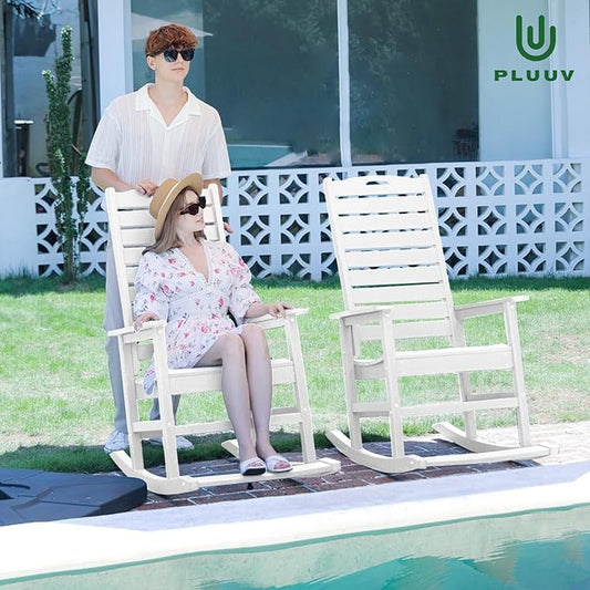 PLUUV Outdoor Rocking Chair with Removable Footboard for Adults, HDPE High Back Patio Rocking Chairs, 330lbs All Weather Porch Rocking Chairs for Outdoor & Indoor -White