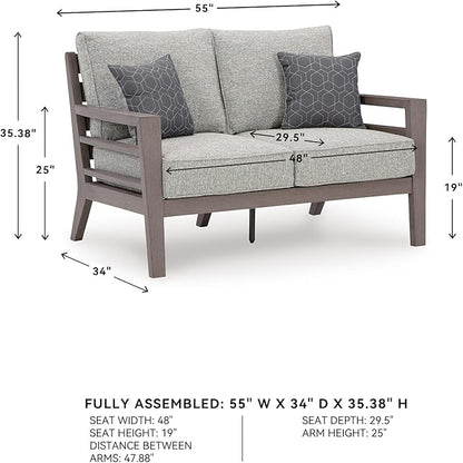 Signature Design by Ashley Hillside Barn Contemporary Nuvella Weather Resistant Fabric Outdoor Loveseat with Cushion and 2 Throw Pillows, Light Brown & Light Gray