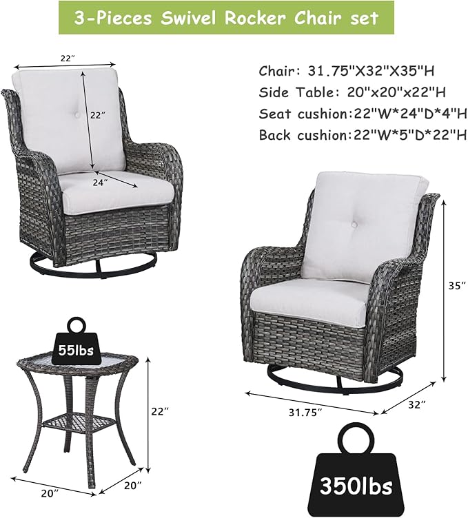 Rilyson Wicker Rocking Chair Swivel Chairs - 3 PC Rocker Patio Furniture Set Rattan Rocking Bistro Sets with Glass Top - Photo 5