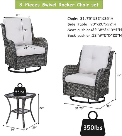 Rilyson Wicker Rocking Chair Swivel Chairs - 3 PC Rocker Patio Furniture Set Rattan Rocking Bistro Sets with Glass Top Side Table for Outdoor Porch Deck Garden Backyard (Mixed Grey/Beige)