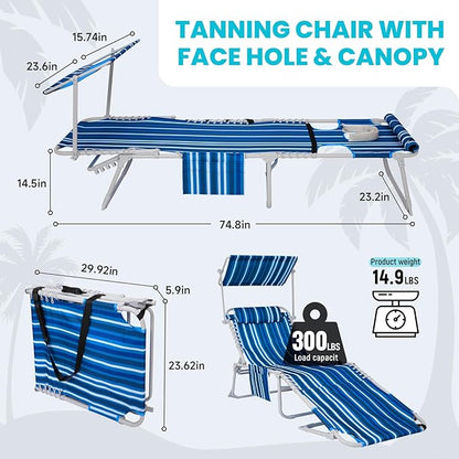 #WEJOY 3 in 1 Tanning Chair with Face Hole & Canopy, 300 lbs Heavy Duty 5 Positions Folding Face Down Lounge Chairs Outdoor with Pillow & Storage Bag Portable for Pool Beach Lawn Camping (Blue White)