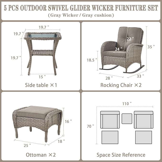 Belord 5 Piece Patio Rocking Chairs Furniture Set - Outdoor Wicker Furniture with Ottomans and Side Table - Photo 6