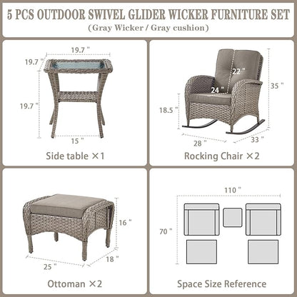 Belord 5 Piece Patio Rocking Chairs Furniture Set - Outdoor Wicker Furniture with Ottomans and Side Table, Rattan Conversation Bistro Set for Balcony Deck Porch