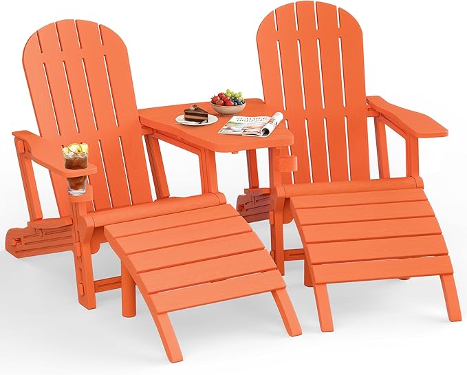 JY QAQA Outdoor Adirondack Chair Set of 2 with Detachable Table & Ottoman, All-Weather HDPE Patio Furniture with Wood Texture & Cup Holder for Patio, Poolside, Garden, Orange