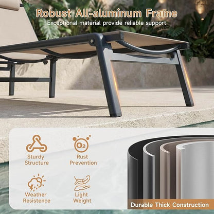 ONBRILL 2 PCS Chaise Lounge Chair Outdoor, Foldable & Assembly Free Outdoor Lounge Chair with 5 Position Adjustable Backrest, Aluminum Pool Lounge Chairs for Outside Poolside Patio Beach Lawn, Khaki