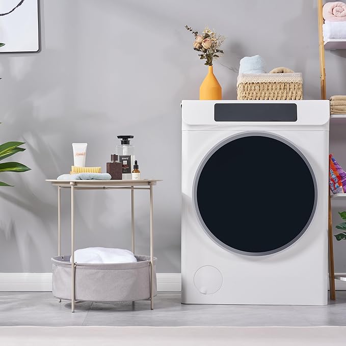 VECELO Round Side/End Table with Fabric Storage Basket，Metal Anti-Rust and Waterproof Small Bedside Nightstand with - Photo 5