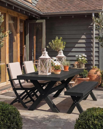 44.5" HIPS Outdoor Bench, X-Shaped Modern Backless Garden Bench, All Weather Patio Bench with Wood Grain Texture, Easy Assembly for Garden, Porch, Backyard & Park-Wood-Grain Black