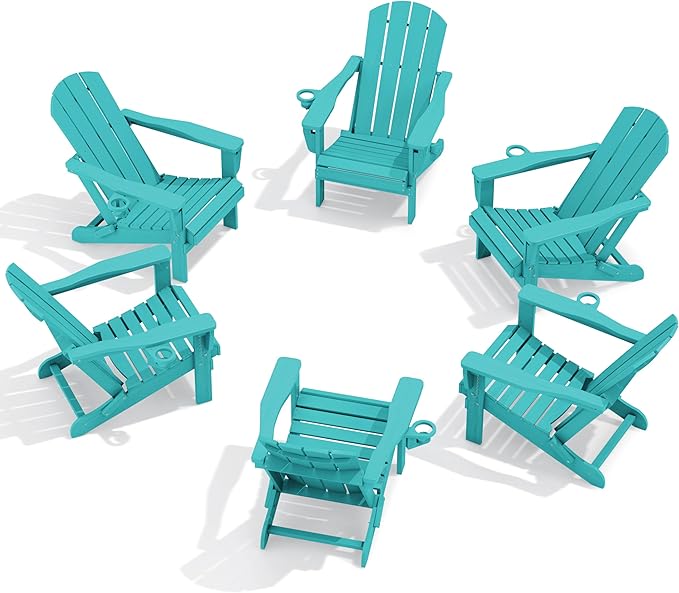 SERWALL Folding Adirondack Chair Set of 6, Adjustable Adirondack Chair with 3 Recline Positions, All Weather HDPE Outdoor Adirondack with Cup Holders, Aruba