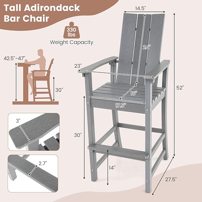 Giantex 52” Tall Adirondack Chair, HDPE Outdoor Bar Stool with Ergonomic Backrest, Armrests, Footrest, Fire Pit Chair, All Weather Patio Bistro Chair for Backyard, Garden, Lawn (1, Grey)