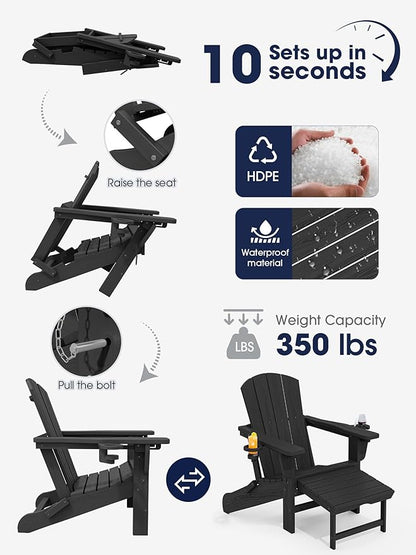 KINGYES Folding Adjustable Adirondack Chair with Retractable Ottoman, HDPE Recliner Adirondack Chair with Cup Holder, Black