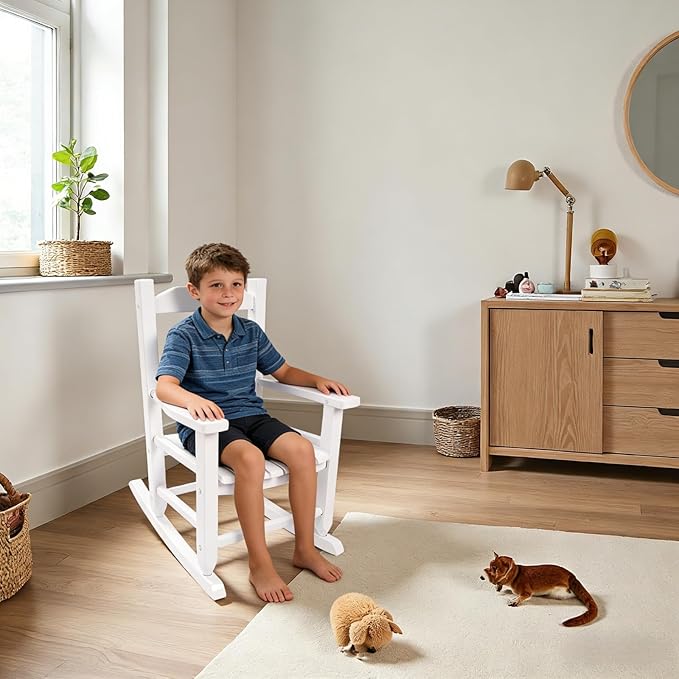 Toddler Rocking Chair Kids Wooden Indoor for Comfy Recliner Rocker for Baby Ages 3-6 Outdoor Lounge Children Playroom Anti-Tip Design Safe & Sturdy White