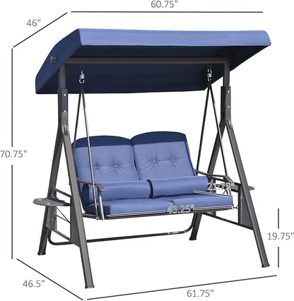 Outsunny 2-Person Patio Swing Bench with Adjustable Shade Canopy, Soft Cushions, Throw Pillows and Tray, Dark Blue