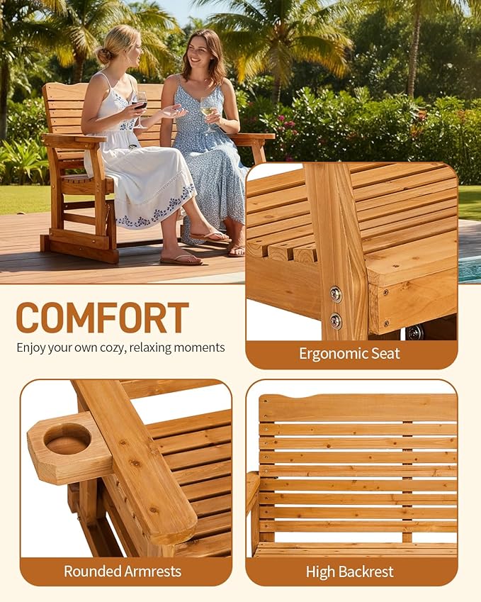 Outvita Patio Glider with Cup Holders, Wooden Outdoor Glider Bench with High Roll Back & Deep Contoured Seat, Smooth Porch Glider Loveseat Heavy Duty 800 Lbs, Teak Brown