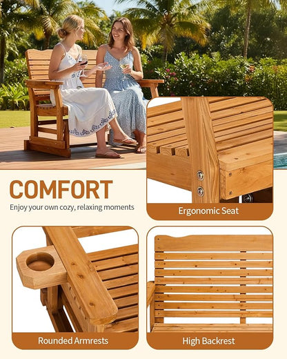 Outvita Patio Glider with Cup Holders, Wooden Outdoor Glider Bench with High Roll Back & Deep Contoured Seat, Smooth Porch Glider Loveseat Heavy Duty 800 Lbs, Teak Brown